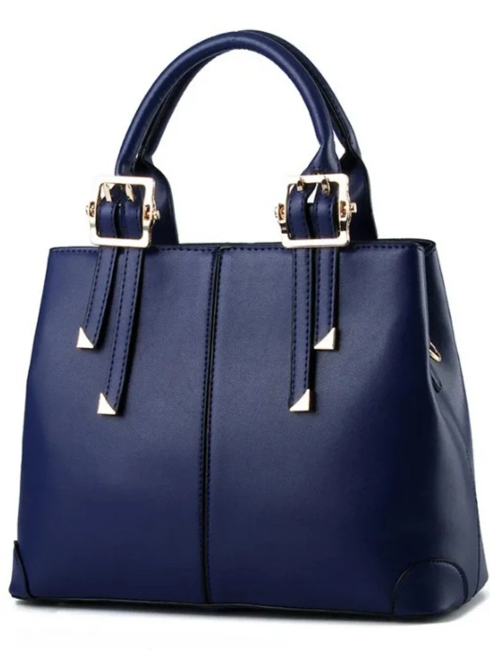 Navy Blue Faux Leather Top Handle Purse Handbag Gold Tone Hardware